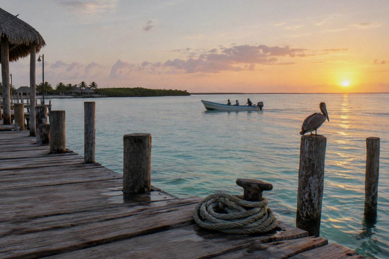 Small boat crossing calm turquoise water near Holbox at sunrise