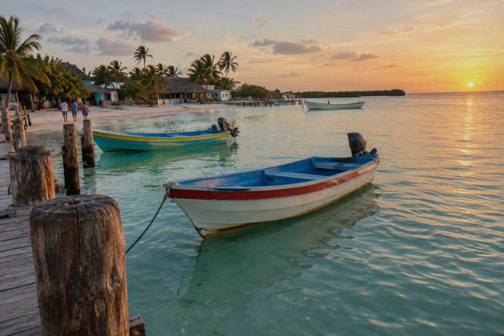Colorful painted fishing boats resting on shallow turquoise water beside a wooden dock