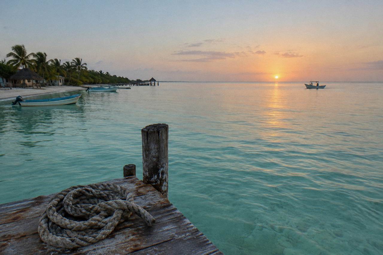 Calm turquoise water off Holbox with a small fishing boat on the horizon at sunrise