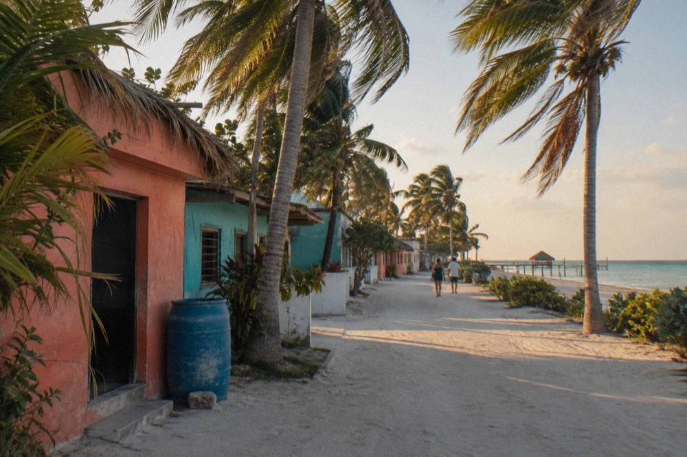 Wide sandy street on Holbox lined with palm trees and small coloured houses, no vehicles in sight
