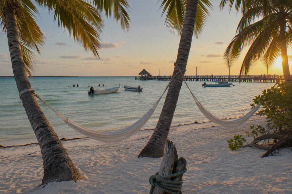 Hammocks strung between palm trees on a quiet Holbox beach at golden hour, calm shallow water beyond