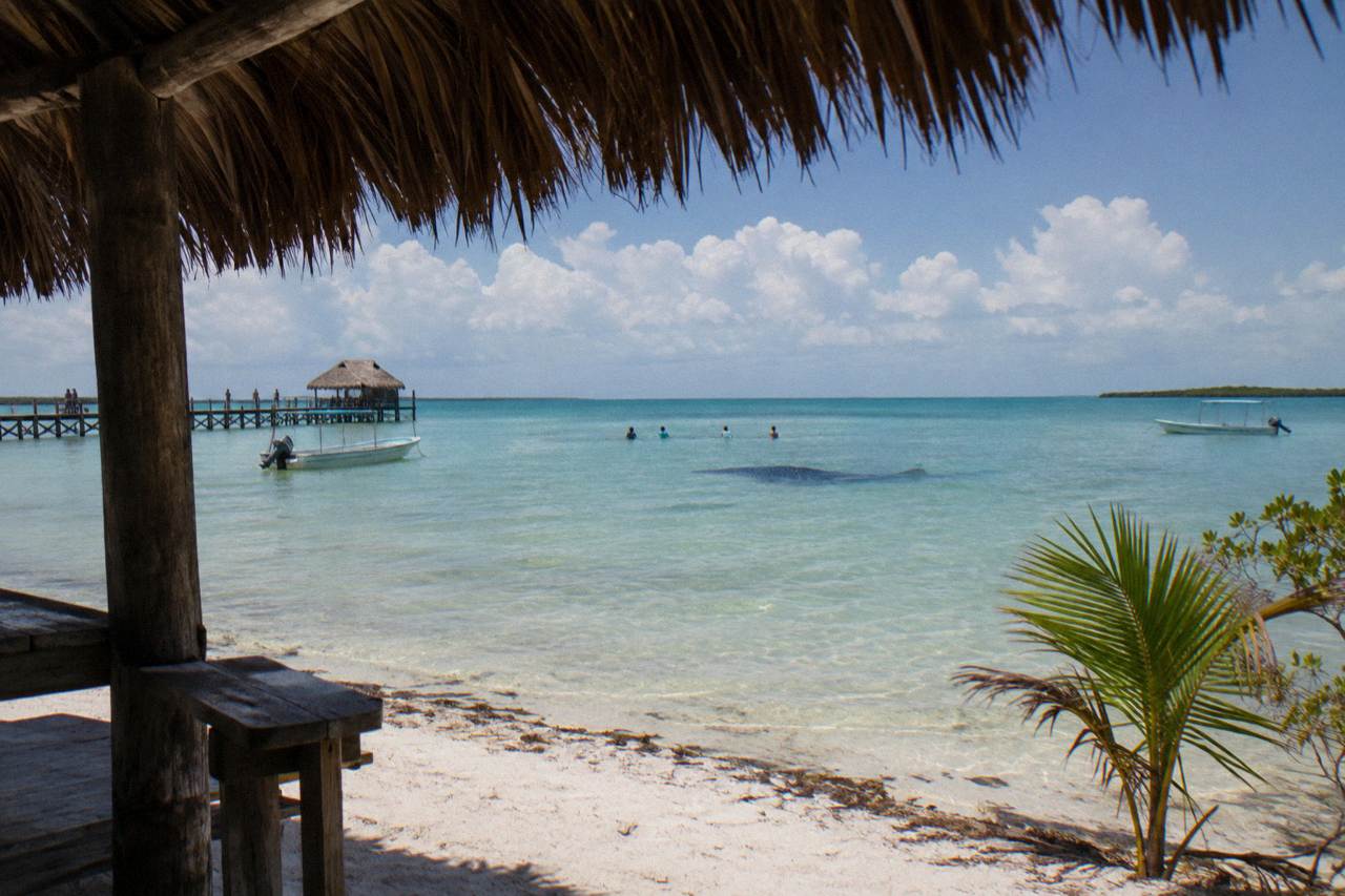 Calm shallow turquoise water along a sandy Holbox beach under a partly cloudy sky