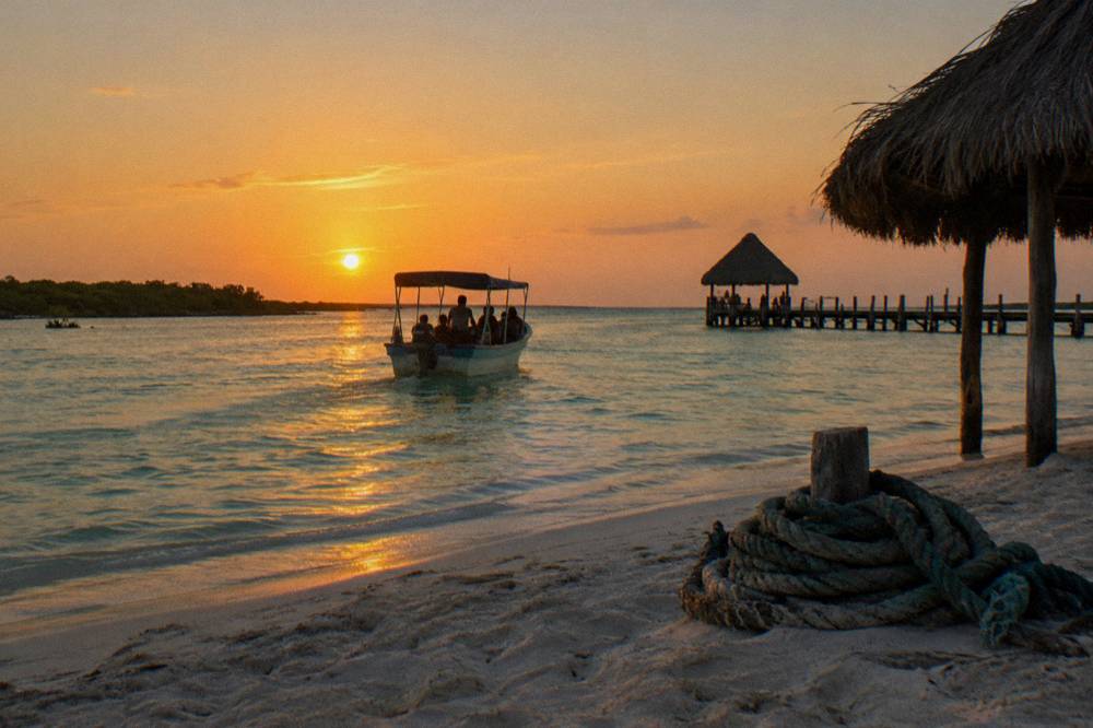 Small boat returning to a Holbox beach at golden hour after a day trip