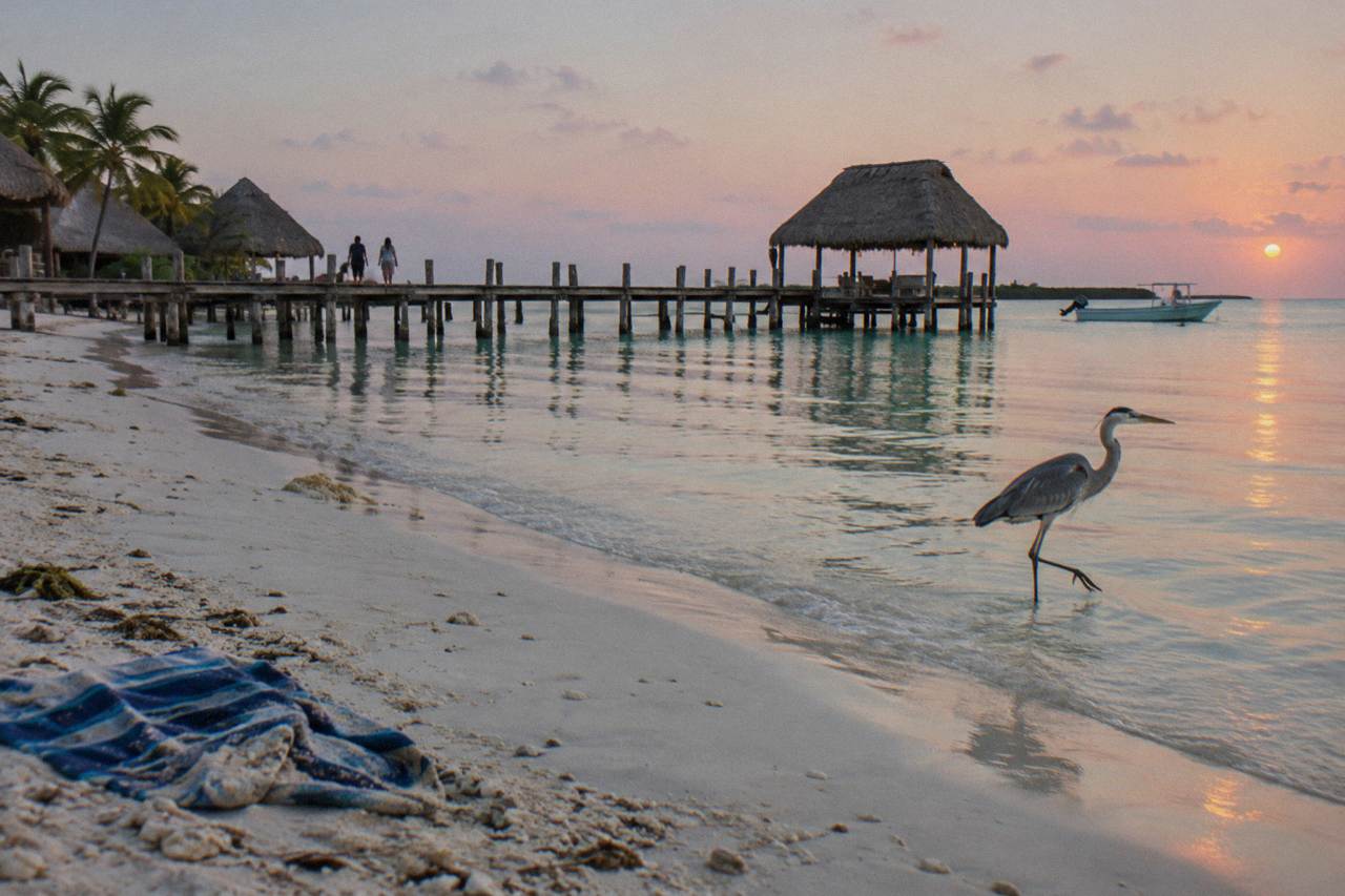 Calm turquoise shallow water along a sandy island shoreline with a wooden dock