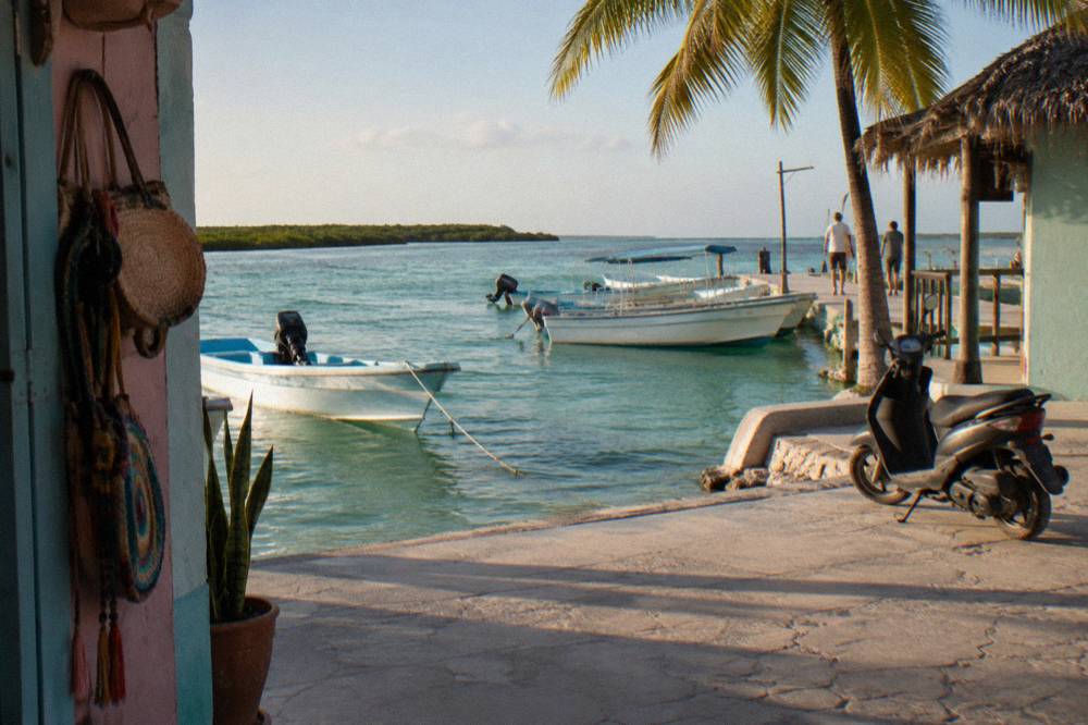 A dock lined with moored boats in front of pastel colored buildings on a small island waterfront