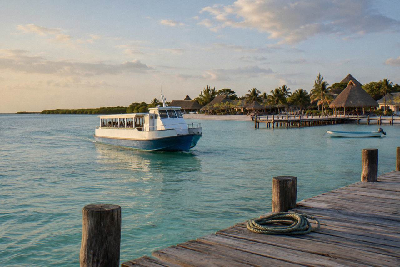 The Holbox ferry crossing calm shallow water toward the island dock under a wide open sky